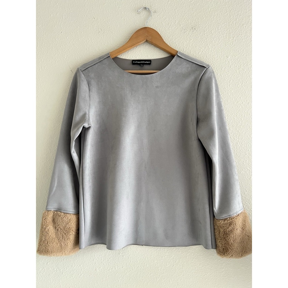 Catherine Malandrino Grey Faux Suede Fur Top Small Long Sleeve Quiet Modest Soft